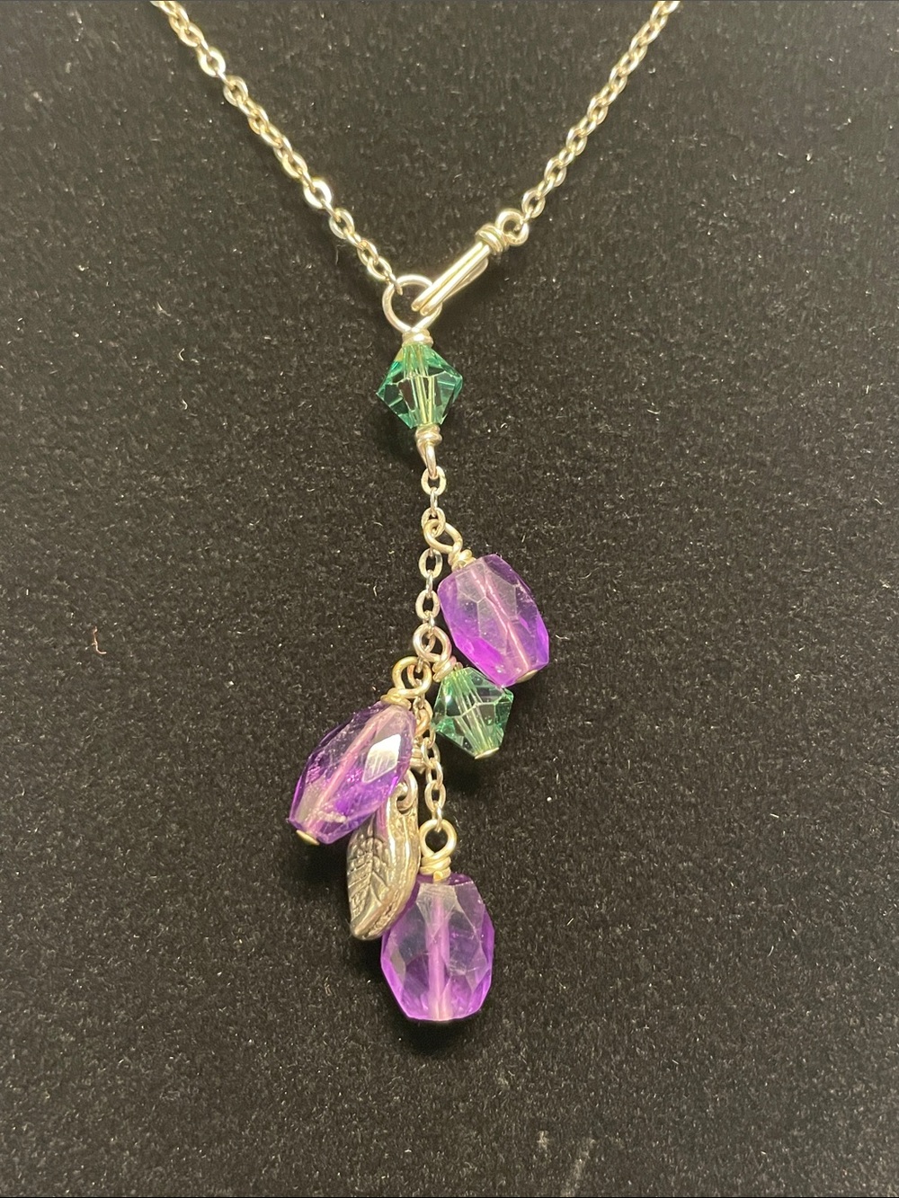 Silver Toned Chain Necklace with Purple and Green Crystal Drops